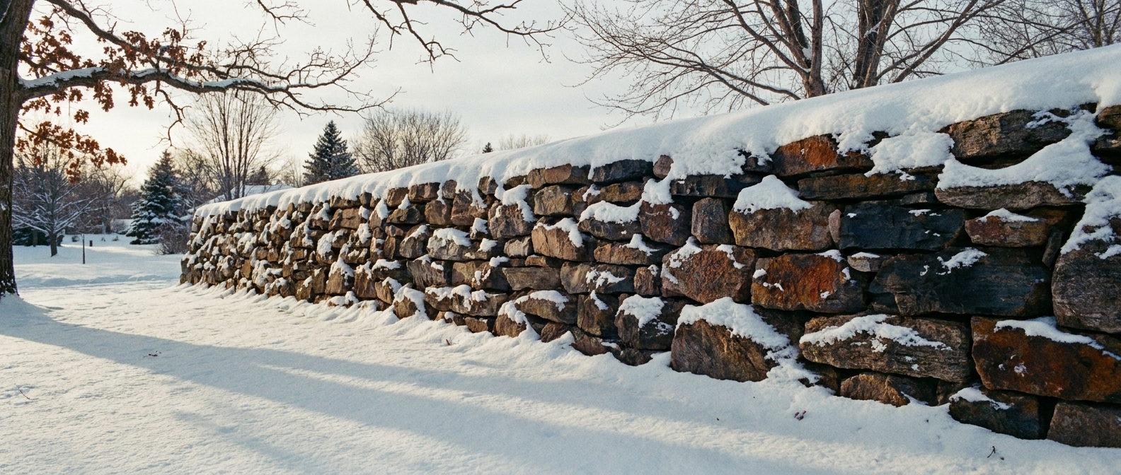Same stone wall in Minnesota winter