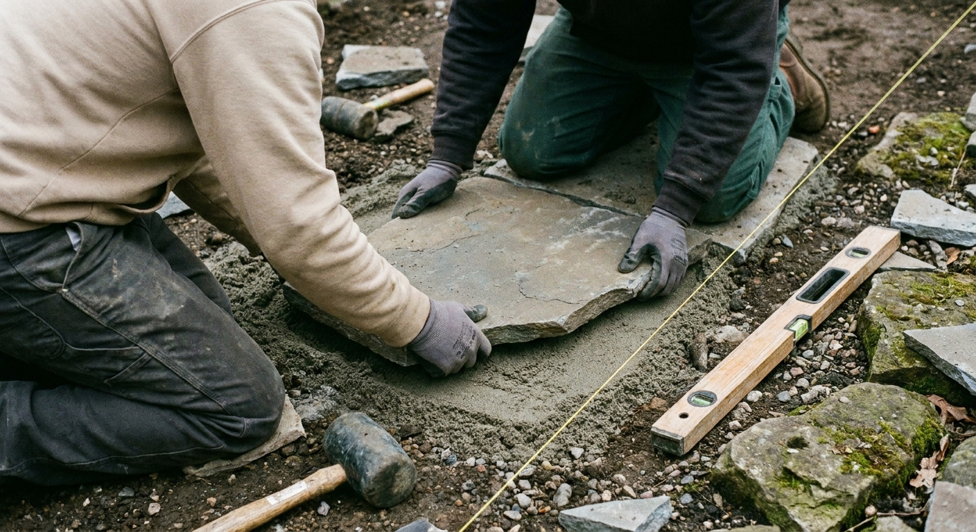 Crew hand-setting pavers