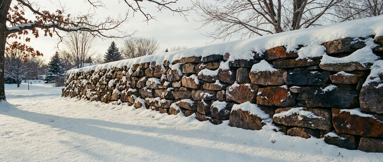 Same stone wall in Minnesota winter